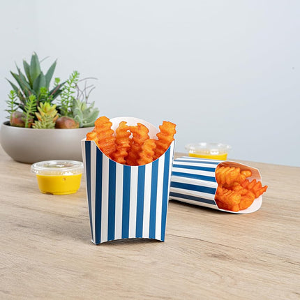 Bio Tek 3.9 x 2.6 x 3.5 Inch French Fry Cup, 100 Disposable Snack Cups - Stackable, Sustainable, Blue and White 2 Ounce Paper Fry Holder, for Fries, Onion Rings, Popcorn, or Cookies - Restaurantware