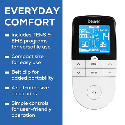 Beurer EM49 PainFree Digital TENS and EMS Machine | Drug-free natural pain relief | 3-in-1 pain relief, rehabilitation and massage | 70 training programmes | 2 channels | 4 self-adhesive electrodes