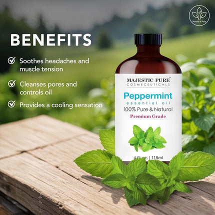 MAJESTIC PURE Peppermint Essential Oil | 100% Pure and Natural Peppermint Oil | Premium Grade Essential Oils for Hair Care, Home Diffusers, Skin, Aromatherapy, Massage and Humidifiers | 4 Fl Oz