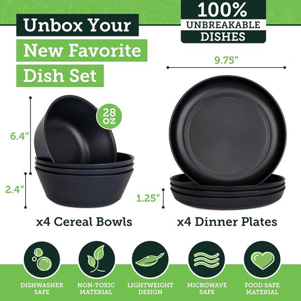Grow Forward Premium Wheat Straw Plates and Bowls Sets - 8 Unbreakable Microwave Safe Dishes - Reusable Wheat Straw Dinnerware Sets - Plastic Plates and Bowls Alternative for Camping, RV - Midnight