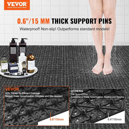 VEVOR Modular Interlocking Cushion, 12 Pack 30 x 30 cm Splicing Drainage Mats, PVC Interlocking Drainage Floor Tiles, Non-Slip Drainage Holes for Restroom, Bathroom, Kitchen, Pool, Wet Area, Black