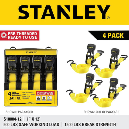 STANLEY S10004-12 Black/Yellow 1" X 12' Ratchet Straps - 500 LBS Safe Working Load / 1,500 LBS Break Strength, 4 Pack