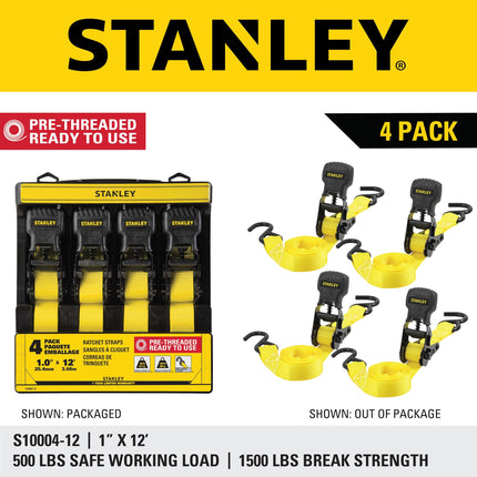 STANLEY S10004-12 Black/Yellow 1" X 12' Ratchet Straps - 500 LBS Safe Working Load / 1,500 LBS Break Strength, 4 Pack