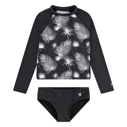 Hurley Girls Long Sleeve Rash Guard Swimsuit, Black/Sail, 7