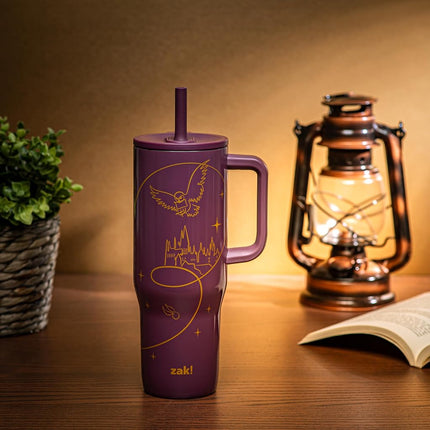 Zak Designs Harry Potter Sutton Travel Tumbler for On The Go, 30oz Stainless Steel with Vacuum Insulation, Silicone Straw, and Carry Handle for Cold Drinks (Hogwarts)