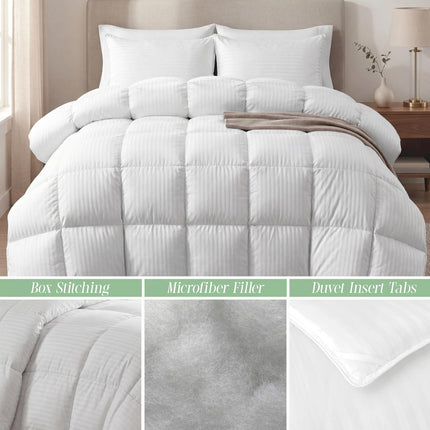 Juego de edredón de algodón egipcio 100 % de 1200 hilos, calidad de hotel premium Elegant Comfort, 3 piezas, diseño de rayas, de algodón alternativo a la pluma, con costura de caja y 4 pestañas en las esquinas, tamaño matrimonial, color blanco