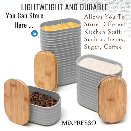 Mixpresso Gray Canisters Sets for the Kitchen – 3-Piece Airtight Plastic Sugar Container Set with Bamboo Lids in Three Different Sizes – Decorative Modern Storage Jars for Coffee, Tea & Countertops