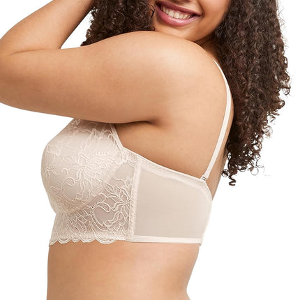 Maidenform Women's Pure Comfort Wireless Lace Longline Bralette, Lightly Lined Convertible Bra, Sandshell Bloom Lace, 34A