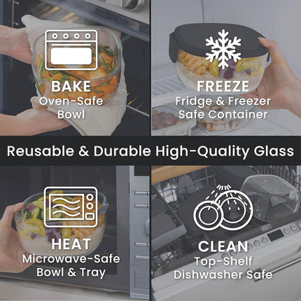 Bentgo Glass All-in-One Salad Container - Large 61-oz Salad Bowl with Lid, 4-Compartment Bento-Style Tray, 3-oz Sauce Container, and Reusable Fork - Dishwasher, Microwave, and Oven Safe (Black Onyx)