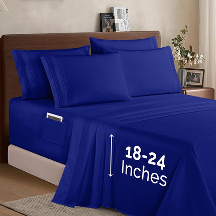 Elegant Comfort 1500 Premium Quality 6-Piece Bed Sheet Set - 18-24 Inch Extra Deep Pocket, Smart Storage Pockets, Wrinkle Free Ultra Soft 6PC Extra Deep Pocket Sheets, California King, Royal Blue