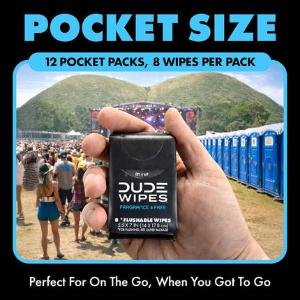 DUDE Wipes Unscented Pocket Packs - Travel Wipes - 12 Packs of 8 (96 Count) - On-The-Go Adult Flushable Wipes for Sensitive Skin - Infused with Vitamin E and Aloe - Septic and Sewer Safe