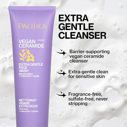 PACIFICA Beauty, Nettoyant visage extra doux réparateur à la céramide végétalienne, nettoyant quotidien pour le visage, approuvé par l'Association de l'eczéma, sans danger pour les peaux sensibles, sans parfum, 100% végétalien et sans cruauté