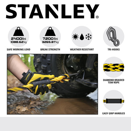 Cuerda de remolque trenzada de polimezcla Stanley S1052 negra/amarilla de 5/8" x 15' con gancho triple resistente (7200 lb de resistencia a la rotura)