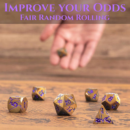 Metal Dice for DND - Ancient Cracked Pharaoh Ruins - Gold Purple Cracks