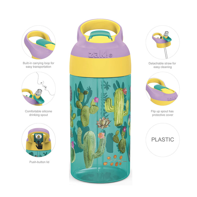 Zak Designs Bouteille d'eau pour enfants Riverside Desert Life de 47 cl avec paille et dragonne intégrée, en plastique durable, design anti-fuite pour le voyage, motif cactus-flamant-ananas, lot de 2