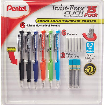 Pentel Twist-Erase Click Mechanical Pencil Set - 6 Mechanical Pencils, 6 Extra Erasers, 3 Tubes of Lead Refills
