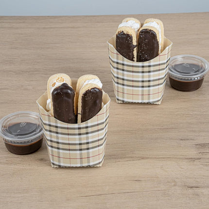Bio Tek 3.9 x 2.6 x 3.5 Inch French Fry Cup, 100 Disposable Snack Cups - Stackable, Sustainable, Plaid Paper 2 Ounce Fry Holder, for Fries, Onion Rings, Popcorn, or Cookies - Restaurantware