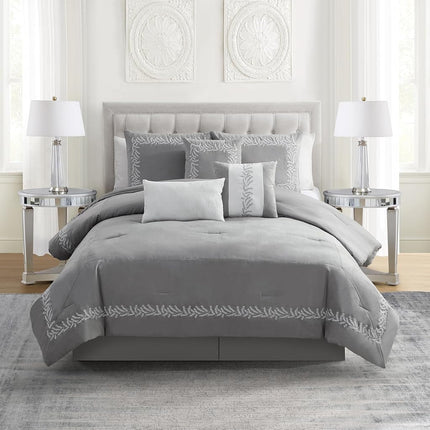 King Size Comforter Set 7-Piece Embroidered Faux Suede Bedding – Soft, Elegant & Complete Bedding Set with 1 Comforter, 2 Pillow Shams, 1 Bed Skirt, and 3 Decorative Throw Pillows, King, Gray