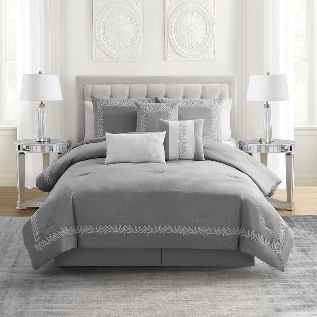 King Size Comforter Set 7-Piece Embroidered Faux S