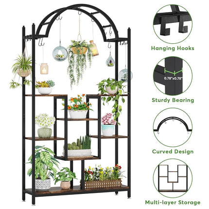 Tribesigns 5-Tier Plant Stand Indoor, 190 cm Tall Arched Plant Shelf with Hanging Hooks, Large Bonsai Pots Display Rack for Indoor, Balcony, Living Room