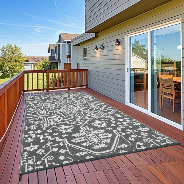 9x12 Large Outdoor Rug for Patio Rugs Waterproof, Reversible Plastic Straw Rug Medallion Pattern, Vintage Camping Rug, Foldable Lightweight Carpet for RV, Porch, Deck, Backyard, Balcony (Grey)