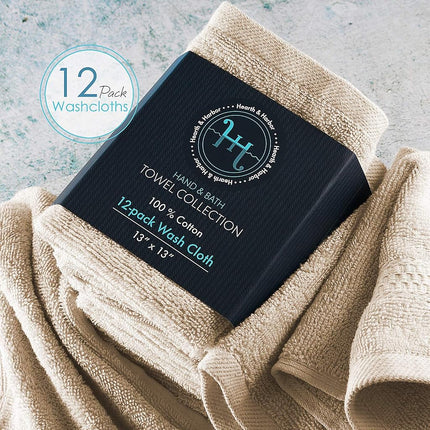 Hearth & Harbor 100% Ring Spun Cotton Washcloths 12 Pack - Washcloth for body and face, High Absorbent and Soft 33x33 cm Body Wash Cloth, Quick Dry - Black Washcloths