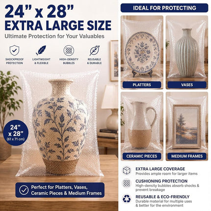 Dunzoom 5 Pack Extra Large Bubble Pouches Clear Bubble Pouch Wrap Bags for Packing Shockproof Cushioning Wrap Bag for Shipping Moving Fragile Dishes China Plates Painting Fragile Items(24 * 28 Inch)