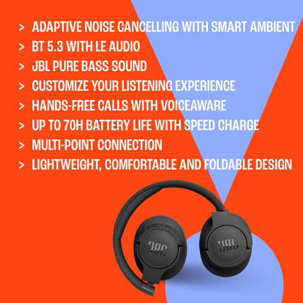 JBL Tune 770NC Smart Noise Cancelling Bluetooth 5.3 Wireless On-Ear Headphones, Up to 70 Hours Playtime with Fast Charging, Lightweight, Comfortable and Foldable