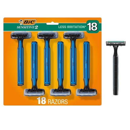 BIC Sensitive 2 Disposable Razors for Men With 2 Blades for Sensitive Skin, 18 Count Value Pack of Shaving Razors