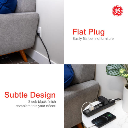Aode GE Protector de Sobretensión de 6 Tomas, Paquete de 2, Cable de Extensión de 3 m, Regleta, 600 Julios, Cubiertas de Seguridad Giratorias, Negro, 54646