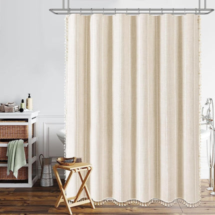 BTTN 72 x 80 Boho Linen Heavy Duty Cloth Shower Curtain Set, Cream/Beige