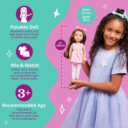 Glitter Girls – 14-Inch Fashion Doll – Brown Hair & Blue Eyes – Pink Dress, Glittery Shoes & Hairbow – Dolls for Girls 3+ Years – Bluebell