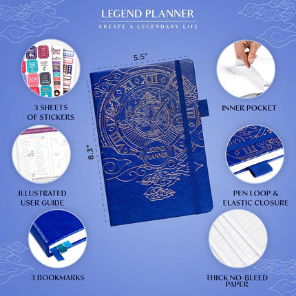 Legend Planner - Undated Weekly & Monthly Life Planner to Hit Your Goals & Live Happier. Organizer Notebook, Productivity Journal for Women & Men. A5 Hardcover, Lasts 1 Year, Stickers A5 (5.8'' x 8.3'') Royal Blue Gold Foil (Undated)