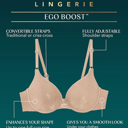 Vanity Fair Womens Ego Boost Push Up Bra, Adds Up to One Full Cup Size, Underwire Push Up Bras for Women, Spring Opal Jacquard, 34C