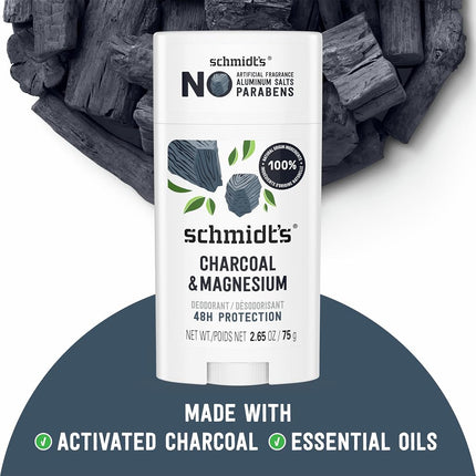 SCHMIDT'S Natural Deodorant Stick 75g, Charcoal & Magnesium, 24 Hour Protection, Vegan & Cruelty Free