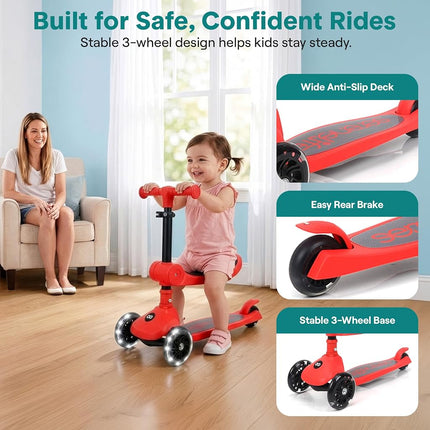 SereneLife Kids Scooter for Ages 3–7 – 3 Wheel Kick Scooter with Seat Option, Light-Up LED Wheels, Lean-to-Steer, Foldable, Adjustable Height, 50 kg Capacity