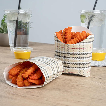 Bio Tek 4.5 x 3.2 x 3.9 Inch French Fry Cup, 100 Disposable Snack Cups - Stackable, Sustainable, Plaid Paper 3 Ounce Fry Holder, for Fries, Onion Rings, Popcorn, or Cookies - Restaurantware