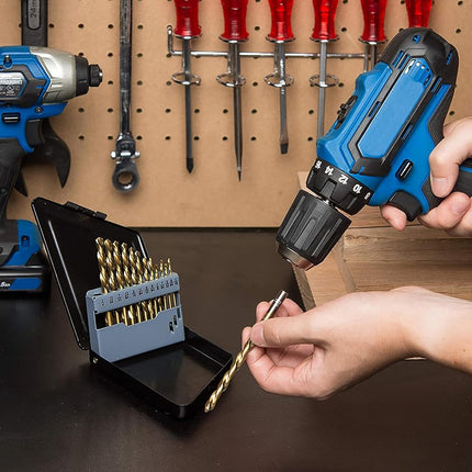 NEIKO 10038A Left-Hand Drill-Bit Set, High-Speed Steel Drills with Titanium Nitride Coating, Reverse-Twist Drill Bits, SAE Sizes, 13-Piece Set