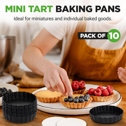 Nutrichef Nonstick Mini Tart Pans,10-Piece Heavy Duty 10cm Steel Quiche Pans with Removable Bottom, Oven & Dishwasher Safe, Fluted Edge for Mini Pie Crust and Tart Shells, Black