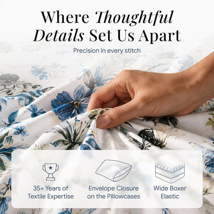 Tribeca Living Queen Bed Sheet Set, 300 Thread Count Soft Cotton Sateen, Floral Print with Extra Deep Pockets, 4-Piece Bedding Set, Amalfi Blue/Multicolor