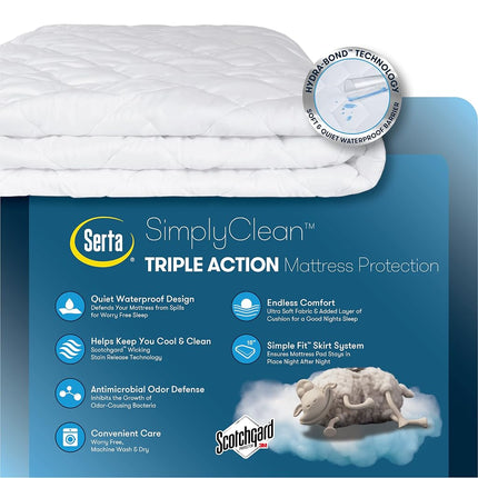 Serta Simply Clean Triple Action Mattress Pad, Waterproof Mattress Pad, Ultra Soft and Stain-Resistant Mattress Pad, Machine Washable, Queen, White