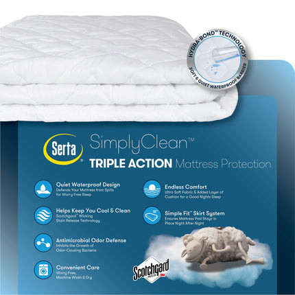 Serta Simply Clean Triple Action Mattress Pad, Waterproof Mattress Pad, Ultra Soft and Stain-Resistant Mattress Pad, Machine Washable, Twin XL, White