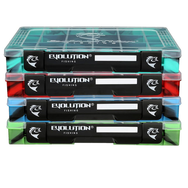 Evolution Outdoor 3600 Drift Series QuikLatch Fishing Tackle Tray Multi Color 4 Pack – Green, Blue, Red, Seafoam Colored Tackle Box Organizer with Removable Compartments, Utility Box Storage, 36902-EV