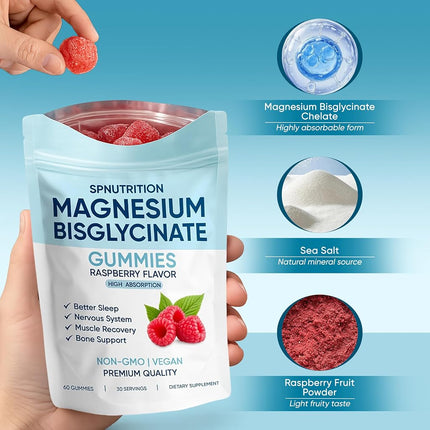 Spnutrition Magnesium Bisglycinate Gummies, with 400mg Magnesium Bisglycinate Chelate, Sea Salt, Raspberry Fruit Powder, Improve Sleep & nervous, Relax Muscles, Strengthen Bones, Vegan, 60 Gummies (1)