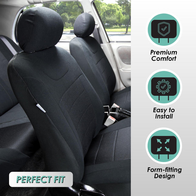 FH GROUP FH-FB070115 Full Set Sports Fabric Car Seat Covers Solid Black, Airbag compatible and Split Bench with F11306 Vinyl Floor Mats- Fit Most Car, Truck, Suv, or Van