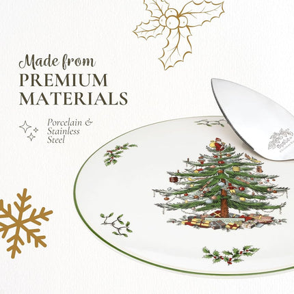 Spode Christmas Tree Cake Plate & Server Set - 11.5 Inch Fine Porcelain Cake Plate with Stainless Steel Server for Holiday Parties - Festive Christmas Tableware, Seasonal Dinnerware