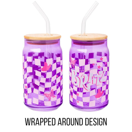 Silver Buffalo Bratz Logo Retro Groovy Purple Checkered Glass Jar Tumbler with Bamboo Lid and Glass Straw, 16 Ounces