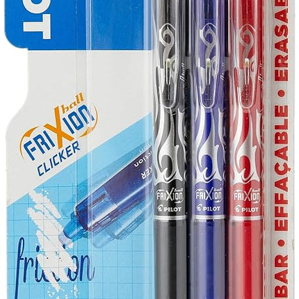 Pilot Frixion Clicker Retractable Erasable Rollerball, 0.7 mm Tip - Black/Blue/Red, Pack of 3