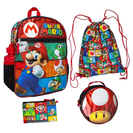 Bioworld Super Mario Backpack with Detachable Mushroom Lunch Tote 16 Inch 5 Piece Set
