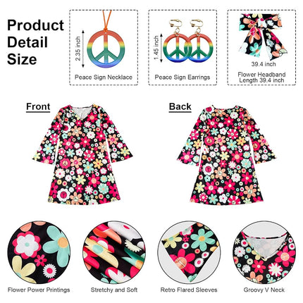 MRYUWB 70s Hippie Dress Costumes Necklace Earrings Sunglass Women Disco Outfit, 60s Party Costume, Halloween Retro Dresses (Flower Power Black, Medium)